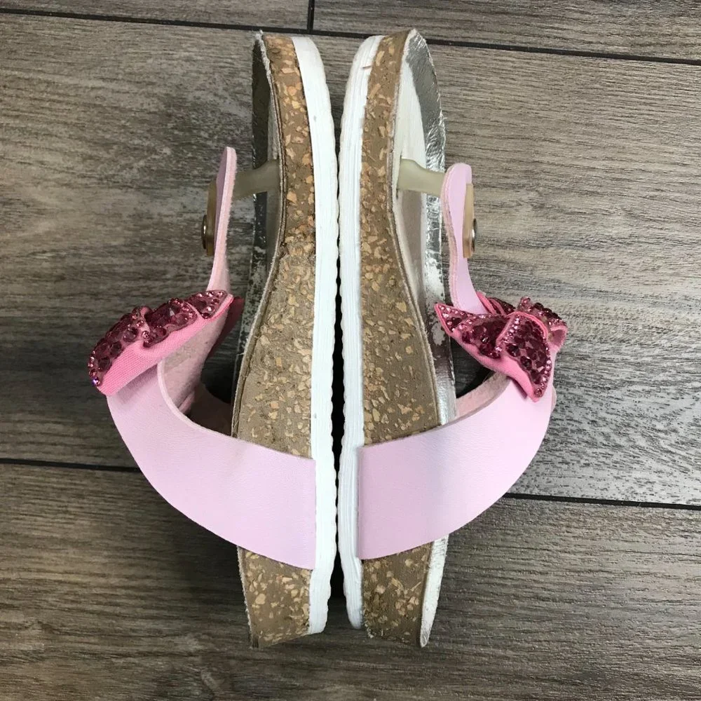 Monnalisa Pink Leather Crystal, Jewel Bow‎ Sandals Cork Little Girls 13 Italy